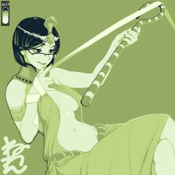 Rule 34 | 1girl, armlet, black hair, color guide, covered erect nipples, egyptian clothes, feet out of frame, glasses, green background, green theme, holding, holding staff, limited palette, mikage (neone), monochrome, navel, neone, no bra, original, short hair, simple background, solo, staff