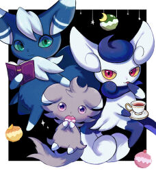 Rule 34 | :p, absurdres, black background, blue sclera, blush, book, border, cherry, closed mouth, colored sclera, commentary, creatures (company), crescent, cup, eating, english commentary, espurr, fang, fang out, food, food in mouth, fruit, game freak, gen 6 pokemon, green eyes, hand on another&#039;s head, hands up, highres, holding, holding book, holding food, holding saucer, looking at viewer, meowstic, meowstic (female), meowstic (male), mouth hold, nintendo, no humans, open book, orange (fruit), orange slice, outside border, pokemon, pokemon (creature), purple eyes, red eyes, riru maru08, saucer, simple background, smile, sparkle, star (symbol), tart (food), tea, teacup, tongue, tongue out, white border, yellow sclera