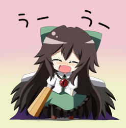 Rule 34 | 1girl, arm cannon, black wings, blouse, blush, bow, brooch, brown hair, cape, chibi, closed eyes, female focus, gradient background, hair bow, highres, jewelry, jpeg artifacts, long hair, open mouth, reiuji utsuho, shirt, skirt, solo, standing, tears, teen (teen629), thighhighs, touhou, unyu, weapon, wings