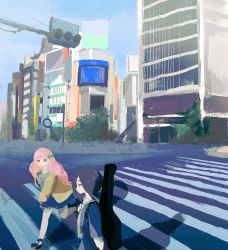Rule 34 | 2girls, black eyes, black footwear, black hair, blue shirt, blue skirt, bow, bowtie, building, cardigan, carrying, city, closed mouth, commentary, crosswalk, green bow, green bowtie, green eyes, green necktie, hair bow, highres, instrument case, kanata notee, long hair, looking at another, multiple girls, necktie, original, outdoors, pink hair, road, road sign, shadow, shirt, shoes, short hair, sign, skirt, skyscraper, smile, traffic light, tree, walking, window, yellow cardigan
