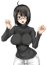 Rule 34 | 10s, 1girl, black eyes, black hair, blush, breasts, gengoroh, glasses, large breasts, looking at viewer, open mouth, servant x service, simple background, sweater, white background, yamagami lucy
