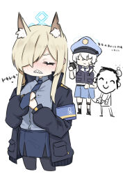 Rule 34 | 1boy, 2girls, absurdres, adjusting clothes, animal ear fluff, animal ears, armband, arrest, blonde hair, blue archive, blush, collared shirt, cuffs, doodle sensei (blue archive), embarrassed, faceless, faceless female, hair over one eye, handcuffs, hat, head bump, highres, jacket, kanna (blue archive), multiple girls, necktie, pleated skirt, police, police hat, police uniform, policewoman, sensei (blue archive), sharp teeth, shirokuma 5g, shirt, simple background, sketch, skirt, teeth, translated, uniform, valkyrie police academy student (blue archive), valkyrie police academy student (sg) (blue archive), white background