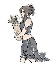 1girl alternate_hairstyle apron arm_ribbon bag baguette bare_shoulders black_apron black_hair black_shorts black_vest blush bottle bread breasts closed_mouth commentary crop_top earrings english_commentary feet_out_of_frame final_fantasy final_fantasy_vii final_fantasy_vii_advent_children food from_side highres holding holding_bag jewelry long_hair medium_breasts midriff morgengischt pink_lips red_eyes red_ribbon ribbon shopping_bag shorts sidelocks single_earring sleeveless smile solo tifa_lockhart vest waist_apron walking white_background