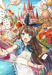 Rule 34 | 1girl, alice (alice in wonderland), alice (alice in wonderland) (cosplay), alice in wonderland, apron, blonde hair, blue bow, blue dress, blue eyes, blue sky, blush, bottle, bow, bowtie, braid, brown hair, cake, card, castle, chair, clarinet (natsumi3230), cloud, collaboration, cosplay, cup, day, dress, eyebrows, flower, food, frilled dress, frills, hair bow, hair bun, highres, holding, key, kurata rine, long hair, madogawa, open mouth, original, outstretched arm, plate, puffy short sleeves, puffy sleeves, rabbit, rose, sash, scrunchie, short sleeves, single hair bun, sky, solo focus, table, teacup, teapot, waist apron, wrist cuffs