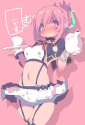 Rule 34 | 1girl, black jacket, blush, copyright request, cup, dangomushi, drop shadow, embarrassed, eyelashes, garter straps, holding, holding plate, holding teapot, jacket, navel, pink background, pink eyes, pink hair, plate, pout, shirt, short hair, skirt, solo, teacup, teapot, translation request, white shirt, white skirt
