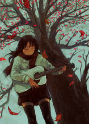 Rule 34 | 1girl, acoustic guitar, autumn, bad id, bad pixiv id, guitar, highres, instrument, leaf, nimirom, original, solo, standing, thighhighs, tree