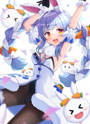 Rule 34 | &gt; &lt;, 1girl, :d, absurdres, animal ears, arms up, black gloves, black leotard, blue hair, blush, bow, braid, brown pantyhose, carrot hair ornament, closed eyes, commentary request, detached sleeves, don-chan (usada pekora), dress, food-themed hair ornament, fur-trimmed dress, fur-trimmed gloves, fur trim, gloves, hair bow, hair ornament, highres, hololive, kaie, leotard, long hair, looking at viewer, multicolored hair, open mouth, pantyhose, pekomon (usada pekora), puffy short sleeves, puffy sleeves, rabbit ears, red eyes, short eyebrows, short sleeves, smile, strapless, strapless dress, strapless leotard, teeth, thick eyebrows, twin braids, twintails, two-tone hair, upper teeth only, usada pekora, usada pekora (1st costume), very long hair, virtual youtuber, white bow, white dress, white hair, white sleeves, xd