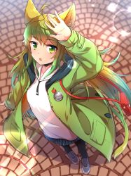 Rule 34 | 1girl, ahoge, alternate costume, animal ears, atalanta (fate), atalanta (traveling outfit) (fate), black skirt, blush, braid, casual, cat tail, commentary request, contemporary, fate/apocrypha, fate (series), french braid, from above, gradient hair, green eyes, green hair, green jacket, hair between eyes, highres, hood, hoodie, jacket, long hair, looking at viewer, miniskirt, minowa sukyaru, multicolored hair, open clothes, open jacket, open mouth, pleated skirt, skirt, solo, tail, two-tone hair, zipper