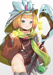 Rule 34 | 1girl, absurdres, black choker, blonde hair, brown leotard, cape, choker, collarbone, copyright request, glowing, gradient background, green cape, green eyes, grey background, groin, hand up, highres, holding, holding staff, hood, hood up, hooded cape, kobi (piliheros2000), leotard, looking at viewer, parted lips, short hair, smile, solo, staff, white cape