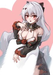 Rule 34 | 1girl, bare shoulders, black bow, black dress, black sleeves, bow, breasts, cleavage, commentary request, detached sleeves, dress, fang, grey hair, hair between eyes, hair bow, hand up, heart, highres, honkai (series), honkai impact 3rd, large breasts, long hair, long sleeves, looking at viewer, theresa apocalypse (luna kindred), open mouth, red eyes, sleeves past wrists, solo, theresa apocalypse, theresa apocalypse (luna kindred), theresa apocalypse (lunar vow: crimson love), very long hair, yelan xing xuan