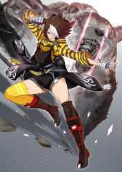 Rule 34 | 1girl, absurdres, animal ears, arknights, bandaged hand, bandages, bear, bear ears, beehunter (arknights), belt, belt buckle, black shorts, black sweater, brown footwear, brown hair, buckle, chain, charm (object), cno, fangs, fingernails, highres, holding, holding weapon, knee pads, multicolored hair, open mouth, pink hair, purple eyes, shorts, smile, solo, spiked knuckles, sweater, teeth, thighhighs, tongue, weapon, white hair, yellow thighhighs