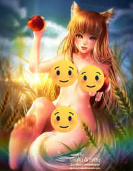 Rule 34 | 1girl, animal ears, apples, barefoot, blush, censored, feet, food, fruit, galiakiity, holding, holding food, holding fruit, holo, kg fantasy, leg up, long hair, looking at viewer, open mouth, red eyes, red hair, sitting, smile, soles, spice and wolf, sunset, tail, toes, very long hair, wolf ears, wolf girl, wolf tail