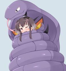 Rule 34 | 1girl, absurdres, anchor symbol, arbok, black eyes, black hair, blue background, blush, bound, brown eyes, constriction, creatures (company), crossover, forked tongue, game freak, gen 1 pokemon, grey hair, highres, kantai collection, looking at viewer, multicolored hair, nikku (ra), nintendo, one eye closed, open mouth, pokemon, pokemon (creature), short hair with long locks, simple background, tears, tokitsukaze (kancolle), tongue