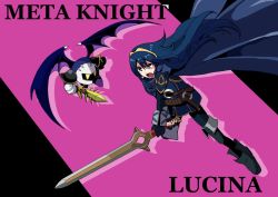 Rule 34 | 1boy, 1girl, bat wings, blue eyes, cape, character name, fingerless gloves, fire emblem, fire emblem awakening, galaxia (sword), gloves, kirby (series), long hair, lucina (fire emblem), mask, meta knight, nintendo, potetomochi, simple background, striped, striped background, super smash bros., sword, trait connection, very long hair, weapon, wings, yellow eyes