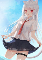 Rule 34 | 1girl, absurdres, animal ears, blue sky, blush, bow, bowtie, cat ears, cat tail, commentary request, grey hair, highres, long hair, looking at viewer, original, outdoors, red eyes, school uniform, short sleeves, sidelocks, skirt, skirt hold, sky, smile, solo, splashing, standing, tail, tail raised, tanshio, thigh strap, thighs, uniform, wading, water, wet, wet clothes, white hair