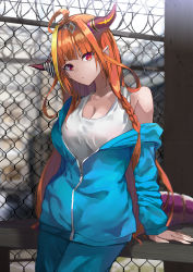 Rule 34 | 1girl, ahoge, arm support, barbed wire, bare shoulders, black hairband, blonde hair, blue jacket, blue pants, blurry, blurry background, braid, breasts, brown hair, chain-link fence, cleavage, closed mouth, depth of field, dragon girl, dragon horns, dragon tail, fence, hair ornament, hairband, highres, hololive, horns, jacket, kiryu coco, konkito, long hair, long sleeves, looking at viewer, medium breasts, multicolored hair, off shoulder, open clothes, open jacket, pants, pointy ears, red eyes, side braid, single braid, sleeves past wrists, solo, streaked hair, tail, tank top, track jacket, v-shaped eyebrows, very long hair, virtual youtuber, white tank top