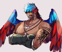 Rule 34 | 1boy, absurdres, alternate hair color, arm tattoo, bara, beard, blue eyes, blue hair, blue wings, braid, cropped torso, crossed arms, dark-skinned male, dark skin, facial hair, feathered wings, final fantasy, final fantasy xiv, headband, highres, jewelry, large pectorals, long hair, looking to the side, lyon rem helsos, male focus, mature male, multicolored hair, muscular, muscular male, mustache, necklace, nipples, old, old man, pectorals, red hair, red wings, ry mangdung, solo, split-color hair, tattoo, tooth necklace, topless male, two-tone hair, white hair, wings