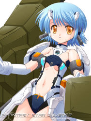 Rule 34 | 00s, 1girl, 2006, :o, android, blue eyes, breasts, copyright name, elbow gloves, gloves, joints, looking at viewer, mecha musume, navel, orange eyes, phantasy star, phantasy star universe, robot ears, robot joints, s nyaau, short hair, small breasts, solo, underboob, white background, yellow eyes