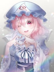 Rule 34 | 1girl, ;d, absurdres, blue hat, gradient background, hat, heart, heart hands, highres, looking at viewer, mob cap, one eye closed, open mouth, pink eyes, pink hair, saigyouji yuyuko, short hair, smile, solo, sumishiro 8070, touhou, triangular headpiece, upper body, white background