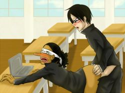 Rule 34 | 2boys, alternate costume, anal, bent over, black hair, blindfold, classroom, clothed sex, computer, desk, laptop, male focus, male penetrated, monkey d. luffy, multiple boys, one piece, school, sex, usopp, yaoi