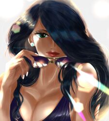 Rule 34 | 1girl, absurdres, black hair, blue eyes, breasts, cleavage, close-up, earrings, hair over one eye, highres, holding, holding removed eyewear, jewelry, large breasts, long hair, looking at viewer, nico robin, ohalu34307, one piece, red lips, simple background, solo, sunglasses, unworn eyewear, upper body, white background, white nails
