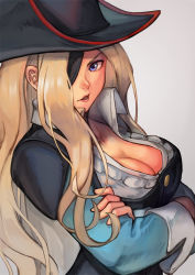 Rule 34 | 1girl, blonde hair, blue eyes, breasts, capcom, cleavage, cleavage cutout, clothing cutout, collared shirt, crossed arms, eyepatch, from side, grey background, hat, hinoru saikusa, large breasts, lips, long hair, looking at viewer, marvel vs. capcom, marvel vs. capcom 2, one-eyed, open mouth, pirate, pirate hat, ruby heart, serious, shirt, simple background, solo, wrist cuffs