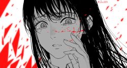 Rule 34 | 1girl, chainsaw man, chinese commentary, close-up, commentary request, crying, dollllls2, eyelashes, greyscale, highres, mitaka asa, monochrome, portrait, signature, solo, spot color, tears