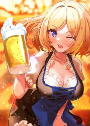Rule 34 | 1girl, :d, aki rosenthal, alcohol, alternate costume, beer, beer mug, blonde hair, blue eyes, blush, bob cut, bodice, cross-laced clothes, cup, dirndl, frilled shirt, frills, german clothes, highres, holding, holding cup, hololive, jewelry, looking at viewer, mug, necklace, open mouth, parted bangs, pendant choker, puffy short sleeves, puffy sleeves, shinka (yonkun121), shirt, short hair, short sleeves, smile, solo, virtual youtuber, white shirt