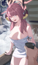 Rule 34 | 1girl, absurdres, alcohol, arm support, armpit crease, aru (blue archive), bamboo, bare shoulders, blue archive, breasts, choko (cup), cleavage, collarbone, commentary request, cup, halo, highres, horns, large breasts, long hair, looking at another, mole, mole on breast, naked towel, onsen, open mouth, orange eyes, outdoors, pov, pov hands, red hair, ryeon (bluetom1), sake, smile, solo focus, standing, steam, stone floor, thighs, towel, wading, water, wet