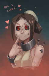 Rule 34 | 1girl, bankage, black sclera, breasts, brown hair, bun cover, colored sclera, english text, folded ponytail, highres, hospital gown, nail, no mask, painwheel (skullgirls), pointing, pointing at self, red eyes, skullgirls, small breasts, smile, solo, stitches, upper body, veins