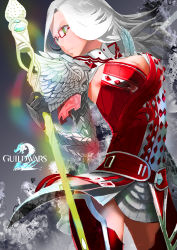 Rule 34 | 1girl, absurdres, arm armor, armor, armored boots, armored dress, bad id, bad pixiv id, beijuu, belt, belt skirt, boots, breasts, cleavage, cleavage cutout, clothing cutout, collar, dress, glasses, gloves, green eyes, guild wars (series), guild wars 1, guild wars 2, highres, hip focus, long hair, medium breasts, ornament, red-framed eyewear, red footwear, scoutsmiso, shoulder armor, skirt, solo, staff, studs, thigh boots, thighhighs, thighs, white dress, white hair, white skirt