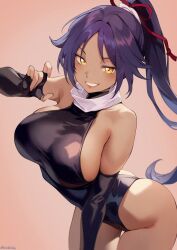 1girl bare_shoulders black_gloves black_leotard bleach breasts commentary dark-skinned_female dark_skin elbow_gloves fingerless_gloves gloves highleg highleg_leotard highres large_breasts leaning_forward leotard long_hair looking_at_viewer nutsbutty parted_bangs parted_lips ponytail purple_hair shihouin_yoruichi simple_background smile solo symbol-only_commentary twitter_username yellow_eyes