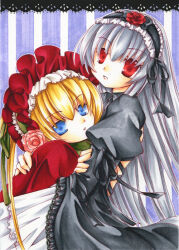 Rule 34 | 2girls, black dress, black hairband, black ribbon, blonde hair, blue eyes, bonnet, capelet, commentary request, dress, expressionless, flower, frilled hairband, frills, gothic lolita, grey hair, hair between eyes, hair ribbon, hairband, hug, juliet sleeves, lolita fashion, lolita hairband, long hair, long sleeves, looking at viewer, medium bangs, morinaga hinase, multiple girls, parted lips, pink flower, pink rose, puffy sleeves, purple background, red capelet, red eyes, red headwear, ribbon, rose, rozen maiden, shinku, striped background, suigintou, upper body