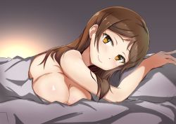 Rule 34 | 1girl, absurdres, bad id, bad pixiv id, blanket, blush, breasts, brown eyes, brown hair, closed mouth, commentary, from side, highres, idolmaster, idolmaster million live!, indoors, j yak47, kitazawa shiho, large breasts, long hair, looking at viewer, lying, nude, on bed, on stomach, pillow, shiny skin, smile, solo, upper body