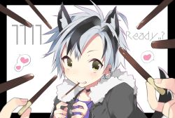 Rule 34 | 1boy, 2others, animal ear fluff, animal ears, black hair, black jacket, brown eyes, ear piercing, english text, food, food in mouth, fur-trimmed jacket, fur trim, grey hair, heart, holding, holding food, jacket, kamiyoshi rika, kemonomimi mode, long sleeves, looking at viewer, male focus, mouth hold, multicolored hair, multiple others, nijisanji, open clothes, open jacket, piercing, pocky, purple shirt, shirt, sleeves past wrists, solo focus, spoken heart, streaked hair, suzuki masaru, upper body, virtual youtuber