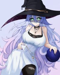 Rule 34 | 1girl, absurdres, black choker, black hat, black pantyhose, blush, breasts, choker, collarbone, dress, eyes in shadow, gradient hair, green eyes, grey hair, hair between eyes, hakkasee, hand on own hip, hat, highres, jewelry, large breasts, long hair, multicolored hair, necklace, pantyhose, phase connect, pink hair, purple nails, shisui michiru (phase connect), sleeveless, sleeveless dress, solo, symbol-shaped pupils, torn clothes, torn pantyhose, twitter username, very long hair, virtual youtuber, white dress, witch hat