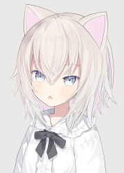Rule 34 | 1girl, animal ears, black bow, blue eyes, blush, bow, brown hair, capriccio, cat ears, center frills, collared shirt, commentary request, dress shirt, frilled shirt collar, frills, grey background, hair between eyes, looking at viewer, original, parted lips, shirt, simple background, solo, upper body, white shirt