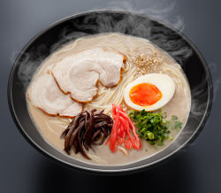 Rule 34 | bowl, egg, food, food focus, grey background, highres, meat, no humans, noodles, original, photorealistic, pork, ramen, realistic, steam, toshi (hokkaido2015)