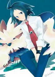 Rule 34 | 1boy, ahoge, artist name, between legs, black hair, blue pants, cheren (pokemon), closed mouth, collared shirt, commentary request, creatures (company), fingernails, game freak, gen 5 pokemon, hand between legs, highres, looking at viewer, medium hair, misha (ohds101), necktie, nintendo, outline, pants, pokemon, pokemon (creature), pokemon bw2, red neckwear, shirt, sleeves rolled up, stoutland, watermark, white shirt