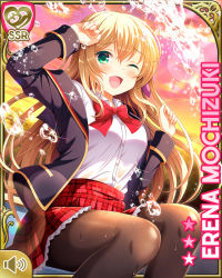 Rule 34 | 1girl, blazer, blonde hair, blue jacket, blush, bow, bowtie, braid, breasts, card (medium), cyberagent, day, female focus, frilled skirt, frills, girlfriend (kari), green eyes, hair ribbon, jacket, large breasts, long hair, mochizuki erena, official art, one eye closed, open clothes, open jacket, open mouth, outdoors, plaid, plaid skirt, pleated skirt, pond, qp:flapper, red bow, red skirt, ribbon, school uniform, shirt, sitting, skirt, smile, solo, sunset, tagme, white shirt