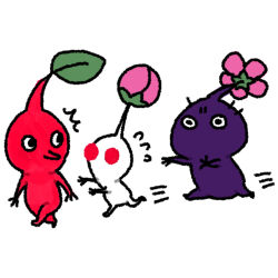 Rule 34 | ^^^, black eyes, bud, chasing, colored skin, commentary request, flower, flying sweatdrops, ghost-pepper, leaf, looking at another, looking back, lowres, nintendo, no humans, no mouth, outstretched arms, pikmin (creature), pikmin (series), pink flower, pointy nose, purple pikmin, purple skin, red eyes, red pikmin, red skin, short hair, simple background, solid circle eyes, very short hair, white background, white pikmin, white skin