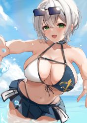 Rule 34 | 1girl, :d, absurdres, anchor print, beach, bikini, blunt bangs, blurry, blush, breasts, cleavage, collarbone, day, green eyes, grey hair, highres, hololive, large breasts, long hair, looking at viewer, navel, neko no suke (nekoneco118), ocean, official alternate costume, open mouth, outdoors, outstretched arms, revision, scrunchie, shirogane noel, shirogane noel (summer 2020), smile, solo, splashing, swimsuit, teeth, upper body, upper teeth only, very long hair, virtual youtuber, water drop, wrist scrunchie