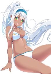 Rule 34 | 1girl, absurdres, arm support, bad id, bad twitter id, bikini, blue hairband, cowboy shot, dark-skinned female, dark skin, feet out of frame, green eyes, hairband, highres, long hair, looking at viewer, open mouth, original, ponytail, simple background, sitting, solo, suruga (xsurugax), swimsuit, very long hair, white background, white bikini, white hair