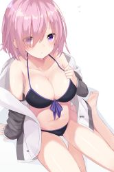 Rule 34 | 1girl, arm at side, arm support, bare legs, bare shoulders, barefoot, bikini, black bikini, blush, breasts, cleavage, collarbone, commentary, eyes visible through hair, fate/grand order, fate (series), front-tie bikini top, front-tie top, hair over one eye, hand on breast, hand on own chest, highres, huuyu 1z, jacket, large breasts, light frown, long sleeves, looking at viewer, looking up, mash kyrielight, off shoulder, open clothes, open jacket, pink hair, purple eyes, purple ribbon, ribbon, short hair, sitting, sleeves past wrists, solo, sweat, swimsuit, track jacket, white jacket, yokozuwari