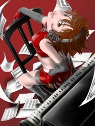 Rule 34 | 1girl, bad id, bad pixiv id, breasts, brown eyes, brown hair, chair, female focus, fingerless gloves, gloves, headphones, instrument, lips, meiko (vocaloid), music, perspective, piano, red theme, smile, solo, vocaloid