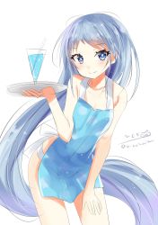 Rule 34 | 1girl, alternate costume, apron, aqua apron, blue eyes, blue hair, blush, cup, drinking glass, hair ornament, highres, hizaka, holding, holding tray, kantai collection, long hair, looking at viewer, naked apron, one-hour drawing challenge, samidare (kancolle), simple background, smile, solo, swimsuit, thighs, tray, twitter username, very long hair