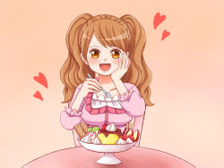 Rule 34 | 1girl, artist request, brown hair, charlotte pudding, dress, heart, one piece, parfait, solo, spoon