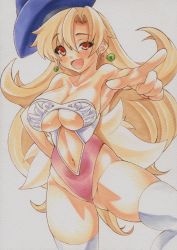 Rule 34 | 1girl, alena (dq4), breasts, brown hair, center opening, chunsoft, cleavage, clothing cutout, dragon quest, dragon quest iv, earrings, enix, hat, jewelry, large breasts, leotard, long hair, looking at viewer, marker (medium), navel, navel cutout, open mouth, red eyes, revealing clothes, simple background, smile, solo, square enix, thighhighs, traditional media, uneven eyes, very long hair, white background, yutakasan-love