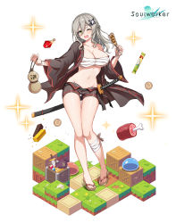 Rule 34 | 1girl, ;d, absurdres, bandaged leg, bandages, bare shoulders, breasts, brown shorts, budget sarashi, cleavage, collarbone, food, green eyes, grey hair, hair between eyes, hair ornament, hairclip, highres, holding, japanese clothes, large breasts, lee nabi, long hair, long sleeves, looking at viewer, maett, midriff, navel, off shoulder, official art, one eye closed, open clothes, open fly, open mouth, potion, sandals, sarashi, short shorts, shorts, smile, solo, soulworker, stomach, takoyaki, thighs, wide sleeves, zouri