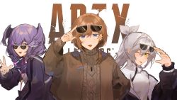 Rule 34 | 1boy, 2girls, ailurei, apex legends, black jacket, black sweater, braid, breasts, brown jacket, brown sweater, commentary, english commentary, eyewear on head, grey hair, hair ribbon, head wings, heterochromia, highres, jacket, jewelry, kanae (nijisanji), lanyard, logo, looking at viewer, medium breasts, medium hair, multiple girls, necklace, nijisanji, nijisanji en, off shoulder, one eye closed, qualia qu, re:act, ribbon, selen tatsuki, selen tatsuki (1st costume), smile, sunglasses, sweater, tongue, tongue out, twin braids, v, virtual youtuber, white background, white ribbon, white sweater, wings, yellow eyes